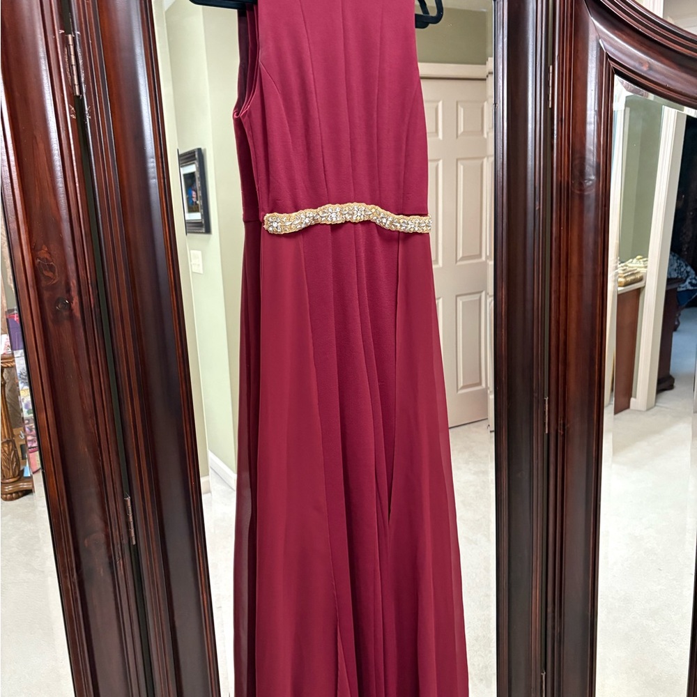 Elegant Burgundy Jumpsuit with Gold attached Accent/Belt. Sheer flowing base
